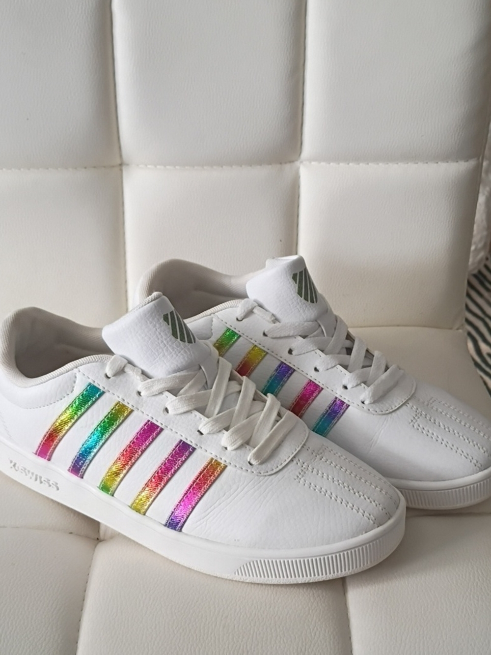 Adidas Kids White Sneakers with Rainbow Metallic Stripes